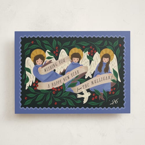 This is a cobalt non photo holiday cards with standard by Grae called angels sing printing on signature in standard
