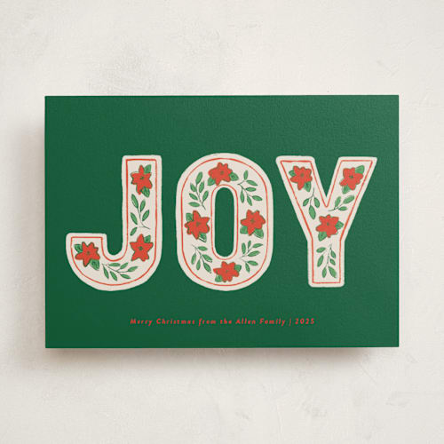 This is a evergreen non photo holiday cards with standard by Kelly Williams called poinsettia joy printing on signature in standard
