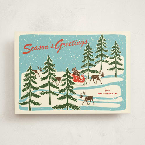 This is a sleigh ride non photo holiday cards with standard by Lauren Jinhee called vintage north pole printing on signature in standard