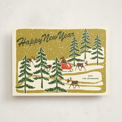 This is a fresh pine non photo holiday cards with standard by Lauren Jinhee called vintage north pole printing on signature in standard