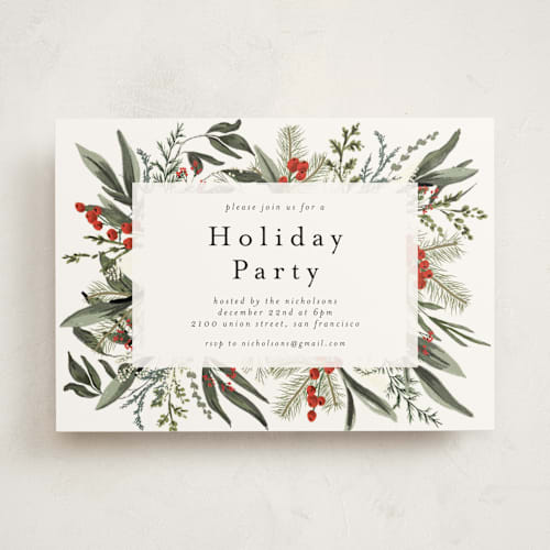 This is a holly berry holiday party invitations with standard by Susan Moyal called holiday botanical printing on signature in standard