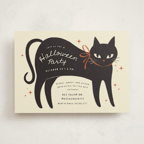 This is a cream holiday party invitations with standard by Kiersten Garner called black cats printing on signature in standard