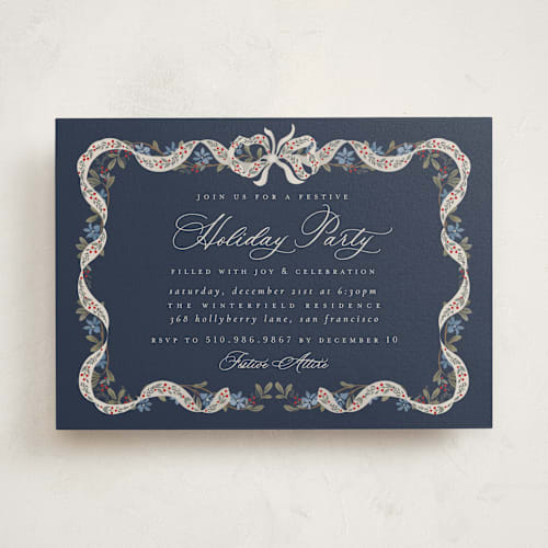 This is a blue spruce holiday party invitations with standard by Ana de Sousa called wrapped in greenery printing on signature in standard