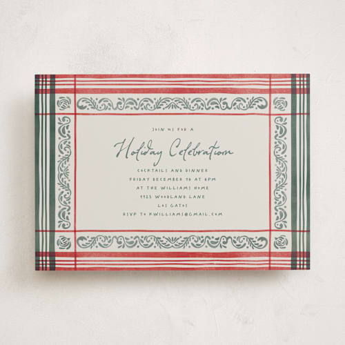 This is a berry holiday party invitations with standard by Chris Griffith called holiday linen printing on signature in standard