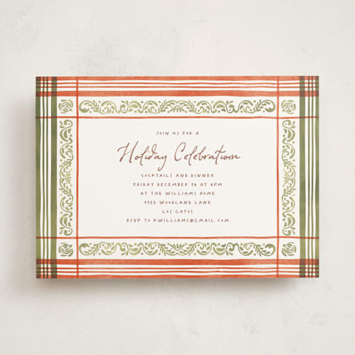 This is a burnt orange holiday party invitations with standard by Chris Griffith called holiday linen printing on signature in standard