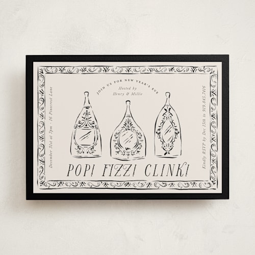 This is a midnight holiday party invitations with standard by Jackie Crawford called champagne party pop printing on signature in standard