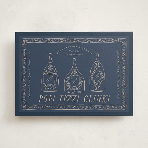 This is a navy holiday party invitations with standard by Jackie Crawford called champagne party pop printing on signature in standard