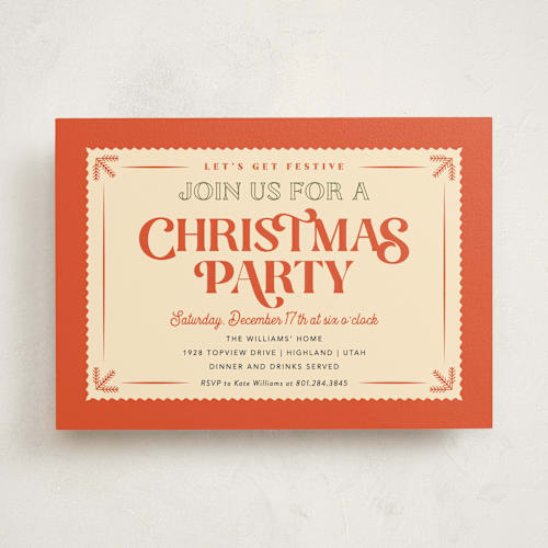 This is a persimmon holiday party invitations with standard by Robert and Stella called vintage christmas printing on signature in standard