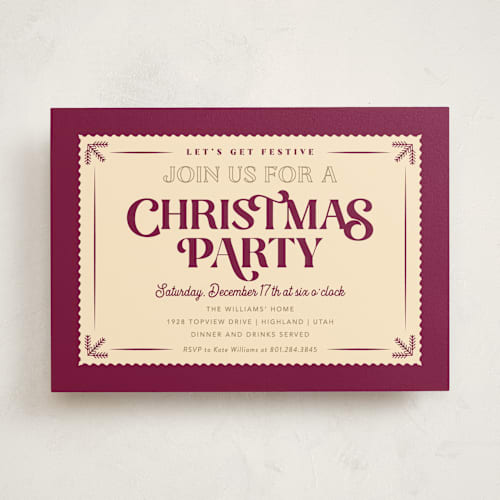 This is a mulberry holiday party invitations with standard by Robert and Stella called vintage christmas printing on signature in standard