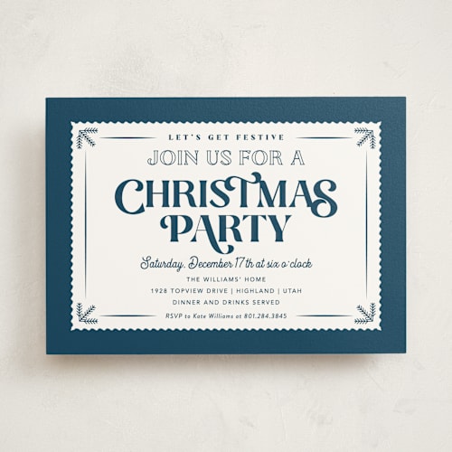 This is a navy holiday party invitations with standard by Robert and Stella called vintage christmas printing on signature in standard
