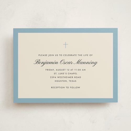 This is a french blue memorial cards with standard by Megan Davis called chapel printing on signature in standard
