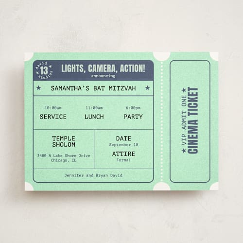This is a mint bar mitzvah bat mitzvah invitations with standard by Diane Pearse called cinema celebration printing on signature in standard