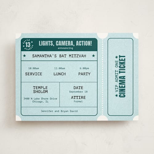 This is a sky blue bar mitzvah bat mitzvah invitations with standard by Diane Pearse called cinema celebration printing on signature in standard