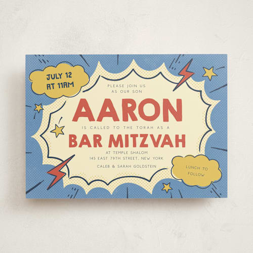 This is a comic pop bar mitzvah bat mitzvah invitations with standard by Vera Lim called pop art printing on signature in standard