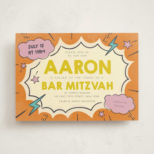This is a neon retro bar mitzvah bat mitzvah invitations with standard by Vera Lim called pop art printing on signature in standard