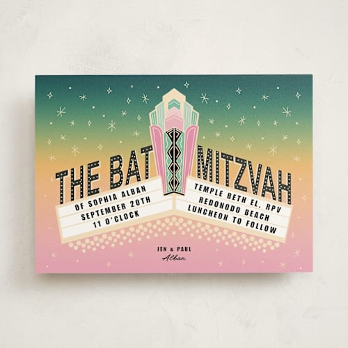 This is a peony bar mitzvah bat mitzvah invitations with standard by Becky Nimoy called bat mitzvah theatre marquee printing on signature in standard