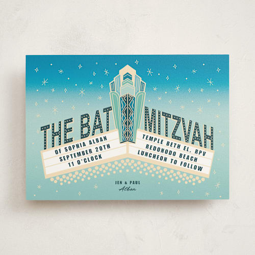 This is a cyan bar mitzvah bat mitzvah invitations with standard by Becky Nimoy called bat mitzvah theatre marquee printing on signature in standard