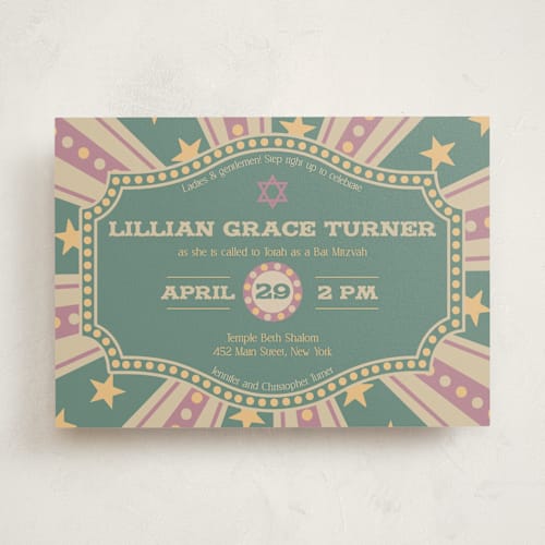 This is a matcha bar mitzvah bat mitzvah invitations with standard by Amanda Stuff called vintage circus printing on signature in standard