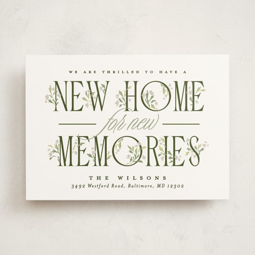 This is a greenery moving announcements with standard by Erin L. Wilson called hearth printing on signature in standard