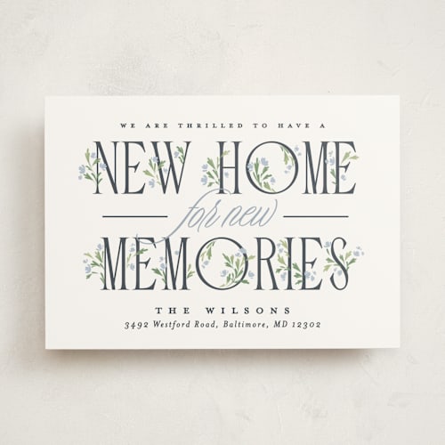 This is a cottage blue moving announcements with standard by Erin L. Wilson called hearth printing on signature in standard