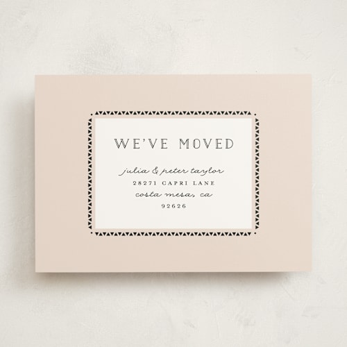 This is a blush moving announcements with standard by Monica Schafer called modern border printing on signature in standard