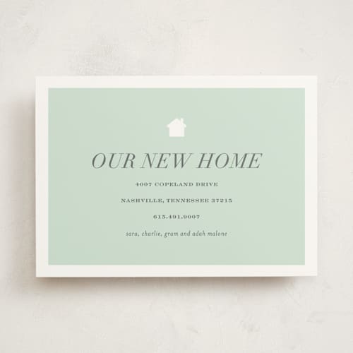 This is a mint moving announcements with standard by Sara Hicks Malone called house and home printing on signature in standard