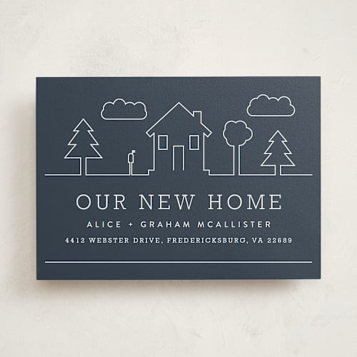 This is a denim moving announcements with standard by Carly Reed Walker called suburban landscape printing on signature in standard
