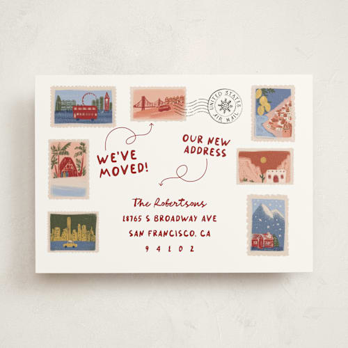 This is a terracotta moving announcements with standard by Jenna Holcomb called stamped printing on signature in standard