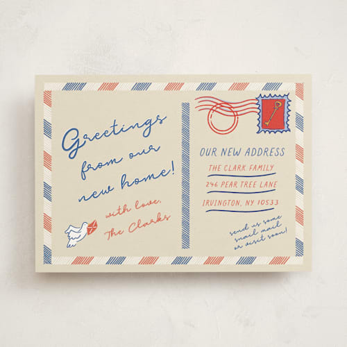 This is a ivory moving announcements with standard by Sarah Rosenthal called new destination post printing on signature in standard