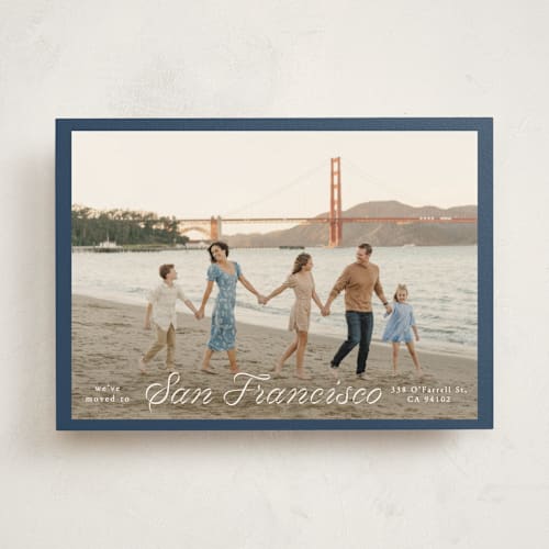 This is a navy moving announcements with standard by Sherley Ferreira called a new home! printing on signature in standard
