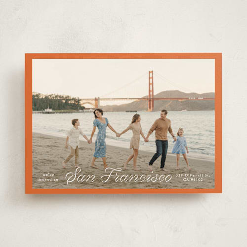 This is a tangerine moving announcements with standard by Sherley Ferreira called a new home! printing on signature in standard