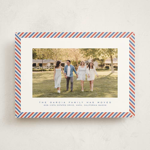 This is a postal moving announcements with standard by Lea Delaveris called air mail frame printing on signature in standard