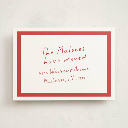 This is a cherry moving announcements with standard by Sara Hicks Malone called bold border printing on signature in standard