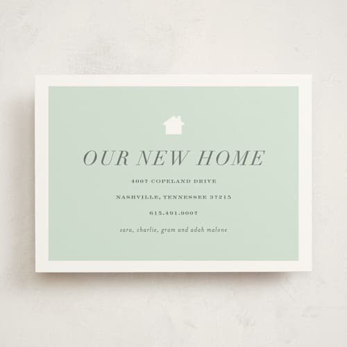 This is a mint moving announcements with standard by Sara Hicks Malone called house and home printing on signature in standard