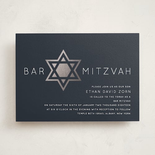 This is a naval bar mitzvah bat mitzvah invitations with foil pressed by Luckybug Designs called shining star printing on signature in standard