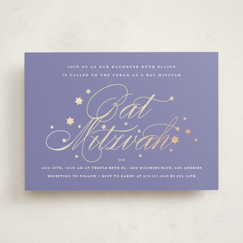 This is a periwinkle bar mitzvah bat mitzvah invitations with foil pressed by Becky Nimoy called bat mitzvah stars printing on signature in standard