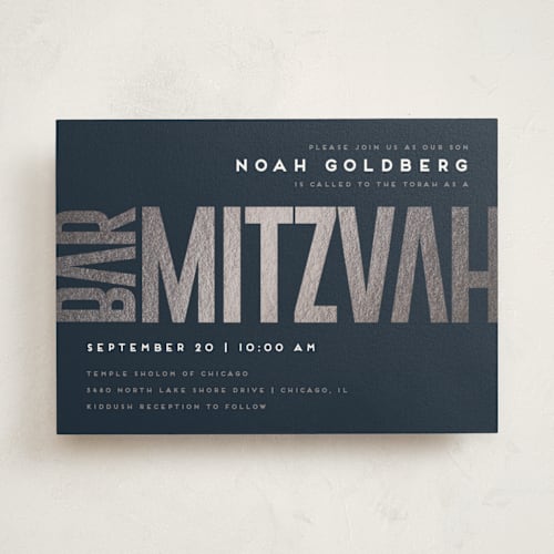 This is a navy bar mitzvah bat mitzvah invitations with foil pressed by Stacy Maalouf called modern foil bar mitzvah printing on signature in standard