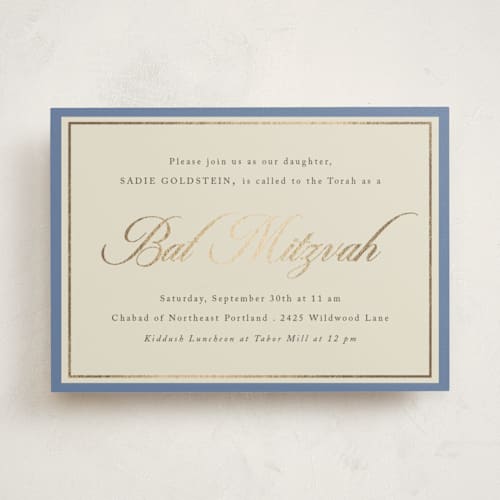 This is a cerulean bar mitzvah bat mitzvah invitations with foil pressed by Morgan Kendall called formal elegance printing on signature in standard