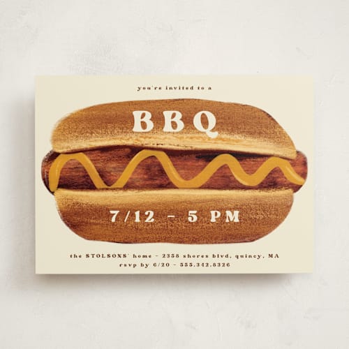 This is a mustard party invitations with standard by Gwen Bedat called bbq printing on signature in standard