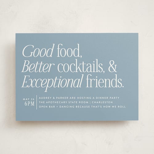 This is a dusty blue party invitations with standard by Jackie Crawford called highlights printing on signature in standard