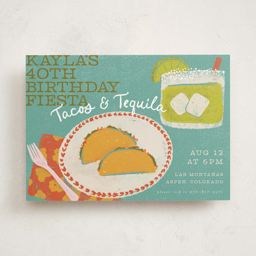 This is a turquoise party invitations with standard by Jenna Holcomb called tacos and tequila printing on signature in standard