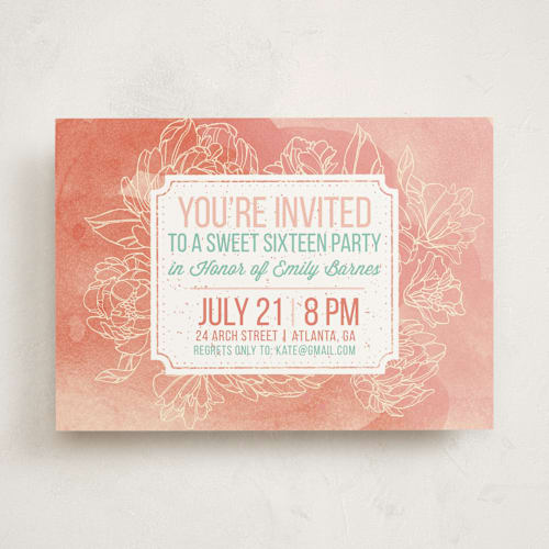This is a peach sweet sixteen birthday party invitations with standard by Paper Raven Co. called watercolor peonies printing on signature in standard