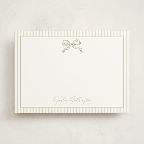 This is a pistachio personalized stationery thank you cards with standard by Helena Vitto called bow printing on signature in 5x7