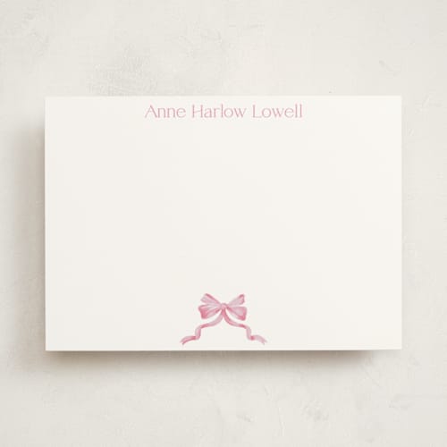 This is a blush personalized stationery thank you cards with standard by Pink House Press called bow printing on signature in 5x7
