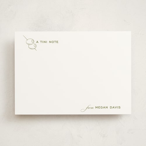 This is a olive personalized stationery thank you cards with standard by Megan Davis called dirty martini printing on signature in 5x7