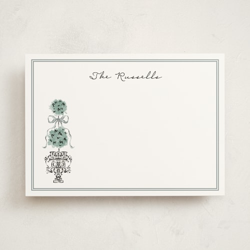 This is a mist personalized stationery thank you cards with standard by Jackie Crawford called hand illustrated topiary printing on signature in 5x7
