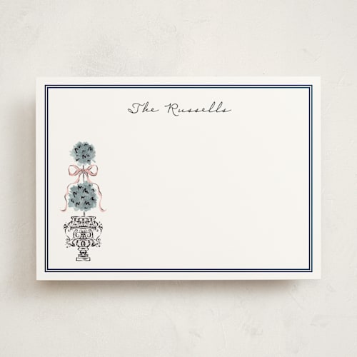 This is a navy personalized stationery thank you cards with standard by Jackie Crawford called hand illustrated topiary printing on signature in 5x7
