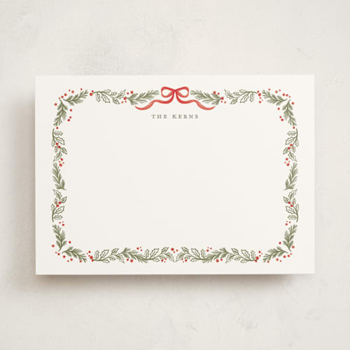 This is a stocking personalized stationery thank you cards with standard by Creo Study called holiday botanical border printing on signature in 5x7