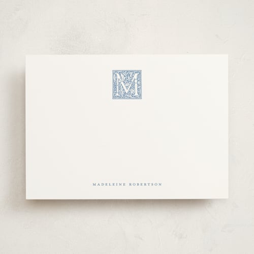 This is a cornflower personalized stationery thank you cards with standard by Blustery August called intricate initial printing on signature in 5x7