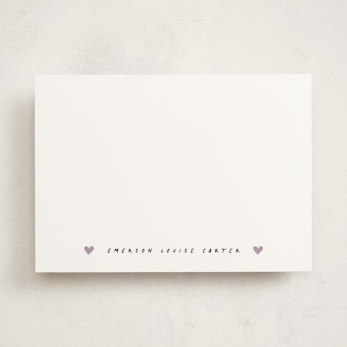 This is a lilac personalized stationery thank you cards with standard by Stacey Meacham called heart banner printing on signature in 5x7